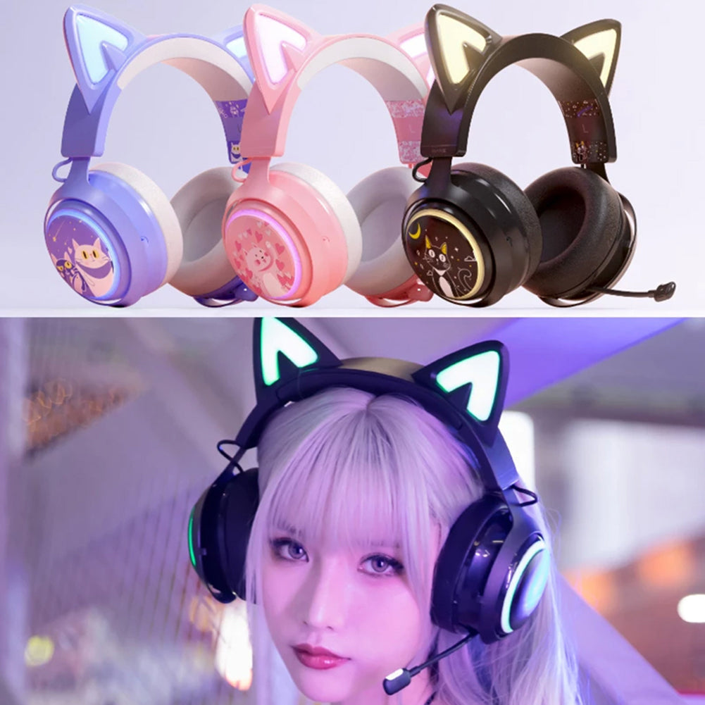 High-quality Onikuma X15 Pro Over-Ear Gaming Headset with Cable | Noise Cancellation, Pink Cat Ears, RGB Light, and Microphone for PC PS4 Gaming