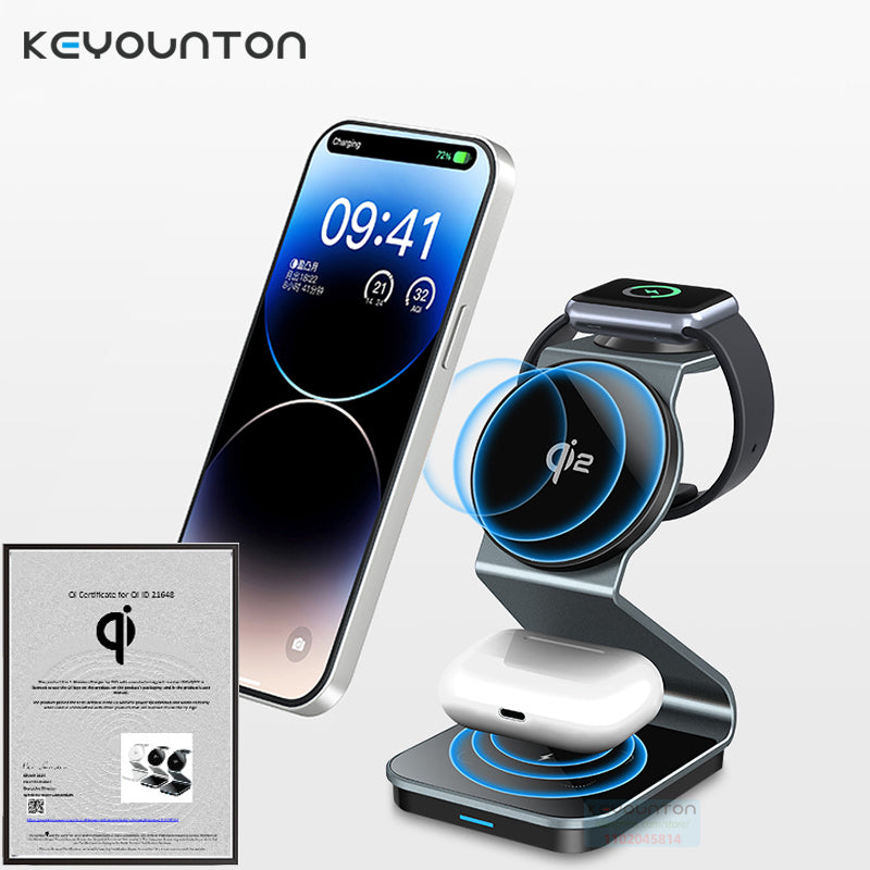 3 In 1 Foldable Magnetic Charging Station 15W Wireless Charger Aluminum Fast Charging Dock Wireless Charging Station for Smartphones, Apple iPhone, Samsung, iOS & Android